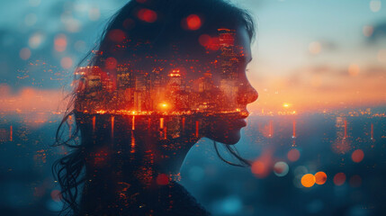 Double exposure woman Side Profile and NY skyscrapers glowing with day lights creating a bokeh effect around.
