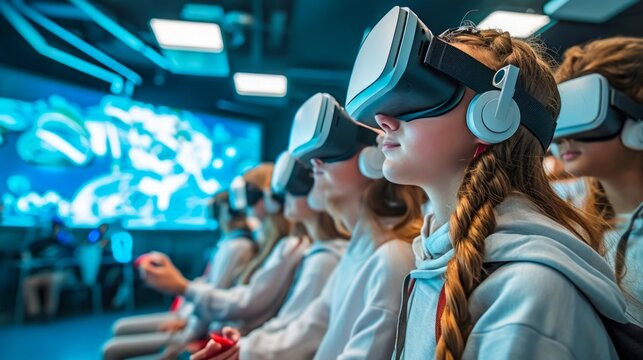 Immersive Tech Adventures: A Group of Young Gamers Engages in a Colorful Virtual Reality Experience.