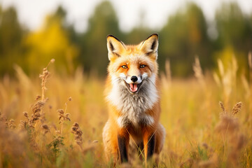 Beautiful fox in the forest close-up with space for text