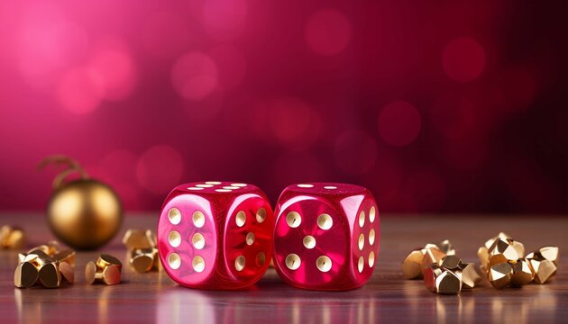 a close-up image of two pink dice resting on a table with golden items surrounding them