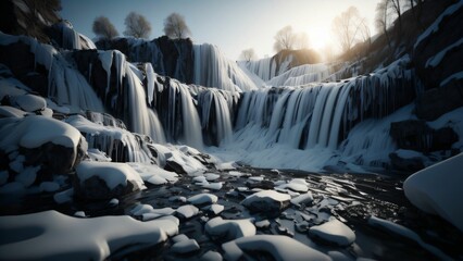 Fototapeta premium AI generated illustration of a stunning waterfall cascading down over a rocky terrain, with icy snow