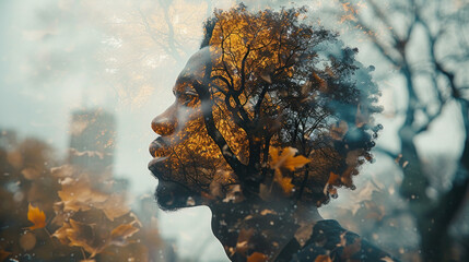 double exposure man Side Profile and NY Park