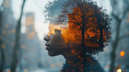 Double exposure black and white portrait african american depressed woman Side Profile and autumn...