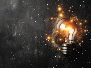 creativity startup business ideas concept with glow light bulb on black background