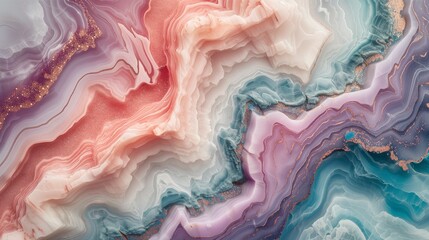 Subdued hues of blush pink, misty lavender, and soft teal elegantly intermingling on a luxurious marble slab, crafting a sophisticated and delicate abstract display. 