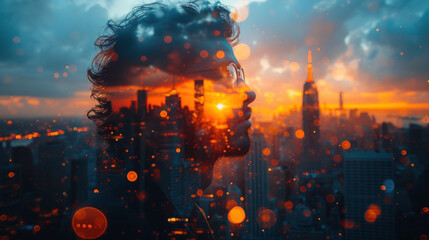 Double exposure man Side Profile and NY skyscrapers glowing with day lights creating a halo effect around - obrazy, fototapety, plakaty
