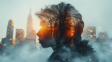 double exposure woman Side Profile and winter NY Park