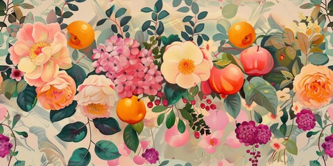 Fototapeta na wymiar Vibrant hand-painted floral and fruit seamless pattern with colorful blooms flowers and fruits, bright floral background. Botanical wallpaper with gold.