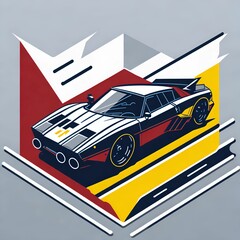 AI generated illustration of a race car against a bright yellow and red background - obrazy, fototapety, plakaty
