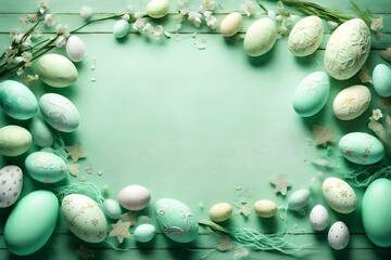 Soft mint green background adorned with elaborate Easter embellishments and an array of eggs, crafting an ethereal setting for your celebratory words