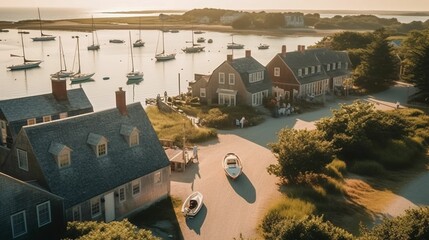 Fototapeta premium AI generated illustration of aerial view of a boatyard with numerous boats docked in the water