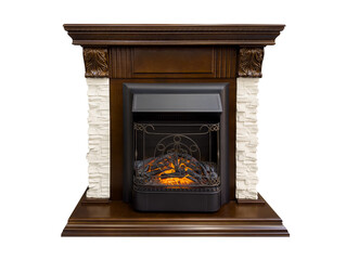 Dark wood burning fireplace isolated on white background. Stone burning fireplace.Luxury artificial...