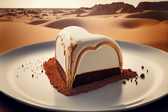 a desert landscape is depicted with a white dessert on a plate