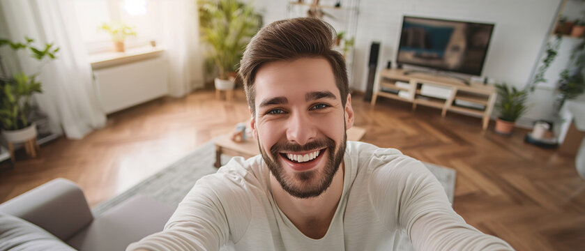 Um homem feliz sorrindo usando uma camiseta branca tirando uma selfie em casa 