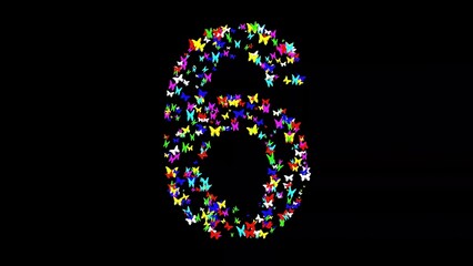 Beautiful illustration of number 6 with colorful butterflies on plain black background