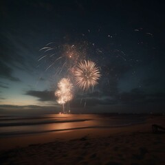 AI generated illustration of fireworks bursting into the sky reflecting on the ocean's surface