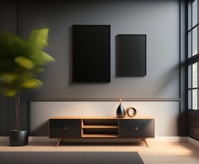 AI generated illustration of a contemporary table near a wall with plants and art