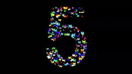 Beautiful illustration of number 5 with colorful butterflies on plain black background