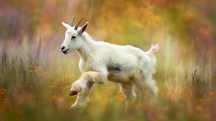 AI generated illustration of a cute white goat running around on a field