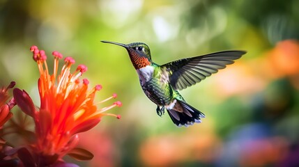 Fototapeta premium AI generated hummingbird flying near red flower