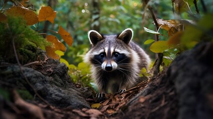 AI generated raccoon standing in a peaceful forest environment