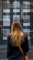 Une femme de dos regardant des annonces immobilières affichées dans une vitrine au format portrait.