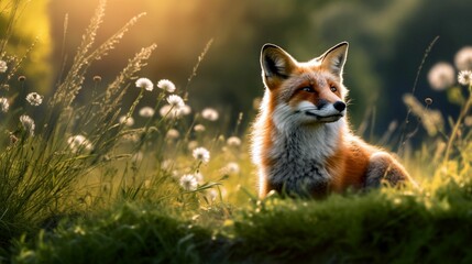 Obraz premium AI generated red fox in a lush green field