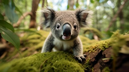 Obraz premium AI generated illustration of an adorable baby koala on a moss-covered log in its natural habitat