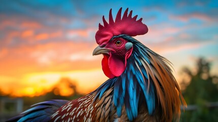 AI generated illustration of a beautiful rooster on a sunset background