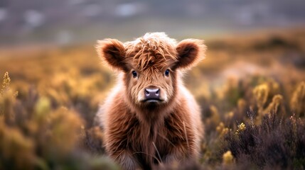 Fototapeta premium AI generated illustration of a young fluffy calf on a meadow