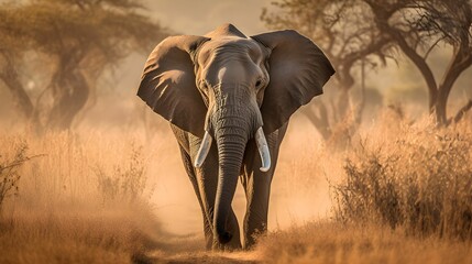 AI generated illustration of a majestic gray elephant strides along a dirt path - obrazy, fototapety, plakaty