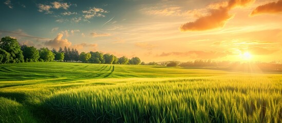 As the sun sets, casting a warm afterglow, it paints the sky above a green field adorned with trees. Nature's beauty surrounds as people enjoy the peacefulness of this natural landscape. - Powered by Adobe