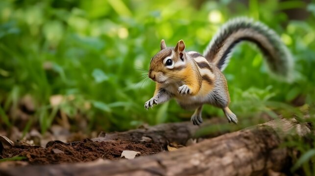 AI generated illustration of an adorable chipmunk jumping in a forest