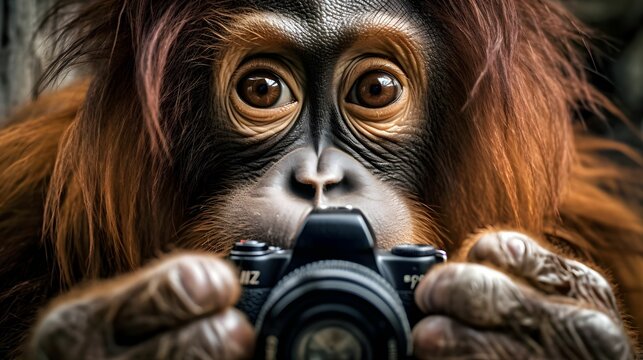 Closeup shot of a monkey holding a camera, capturing the moment, AI-generated.