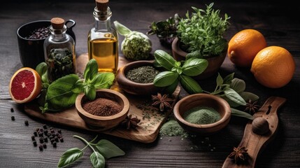Obraz na płótnie Canvas AI generated illustration of a variety of herbs and spices such as oregano, basil, and rosemary