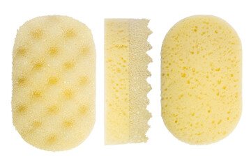 set of yellow washcloths for washing the body on a blank background.