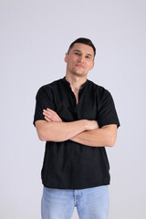 In this captivating minimalist portrait, a man emanates strength and quiet confidence. 