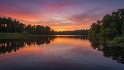 Obraz premium Sun dips below the horizon, capture the ethereal beauty of the twilight sky painted in shades of pink, orange, and purple and casting a serene ambiance over the tranquil lake and the surrounding trees