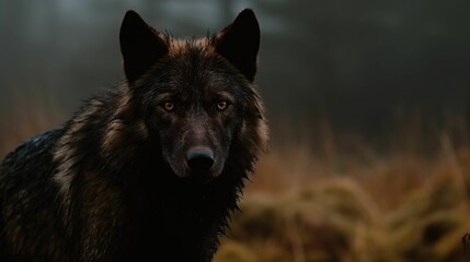 AI generated illustration of a majestic wolf walking across a lush meadow blanketed in a thick fog