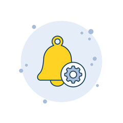 Cartoon cogwheel service icon vector illustration. Gear with bell on bubbles background. Notification sign concept.