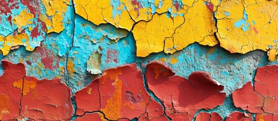 A visual arts event capturing a close up of a cracked wall with yellow, blue, and red paint...