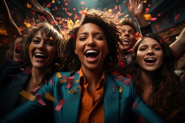 A jubilant scene unfolds as a diverse team of employees celebrates their success, surrounded by falling confetti, symbolizing unity and achievement in business teambuilding