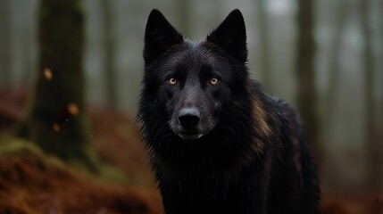 AI generated illustration of a majestic wolf walking across a lush meadow blanketed in a thick fog