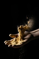 AI generated person hand with splashing yellow powder on black background