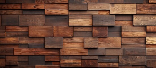 A detailed view of a brown, rectangular wooden wall made of wooden blocks, with the texture resembling hardwood flooring or a brick-like pattern.