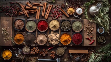 AI generated illustration of a wooden table with a variety of spices and herbs
