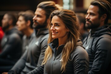 Obraz premium A group of friends dressed in sportswear share smiles and laughter, enjoying each other's company and fostering a sense of camaraderie and joy in their active lifestyle