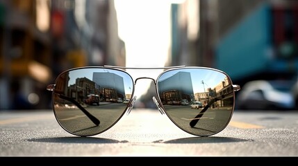AI generated illustration of a car reflection visible in a pair of sunglasses on the road