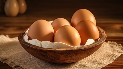 AI generated illustration of a wooden bowl filled with brown eggs on a linen-covered table