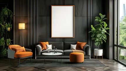 wall  modern living room with mockup frame